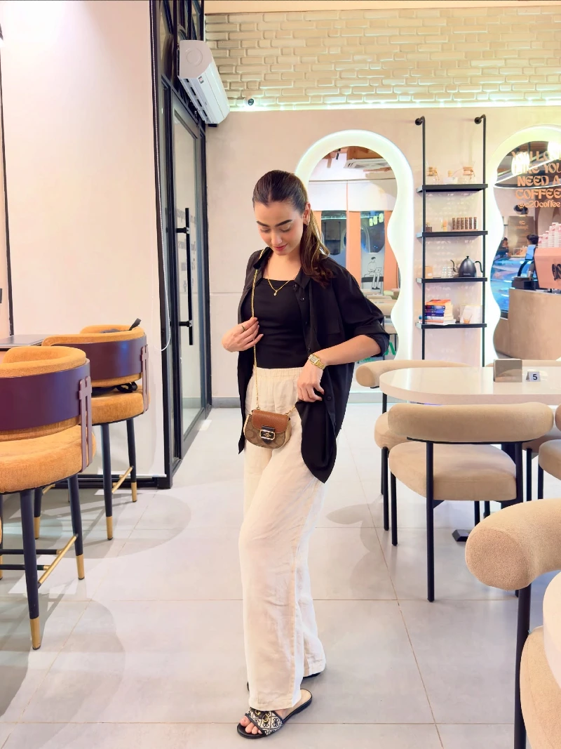 Open Black Shirt with Cream Wide Leg Trousers