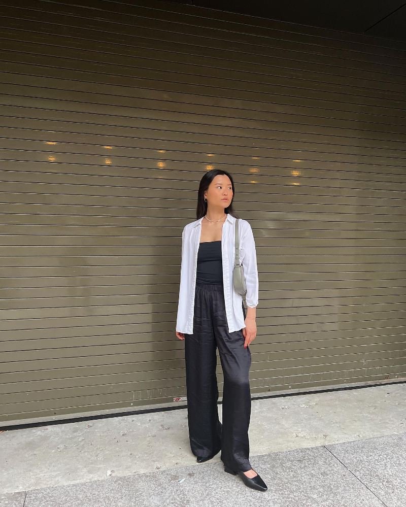  Open White Button Shirt with Black Wide Leg Trousers

