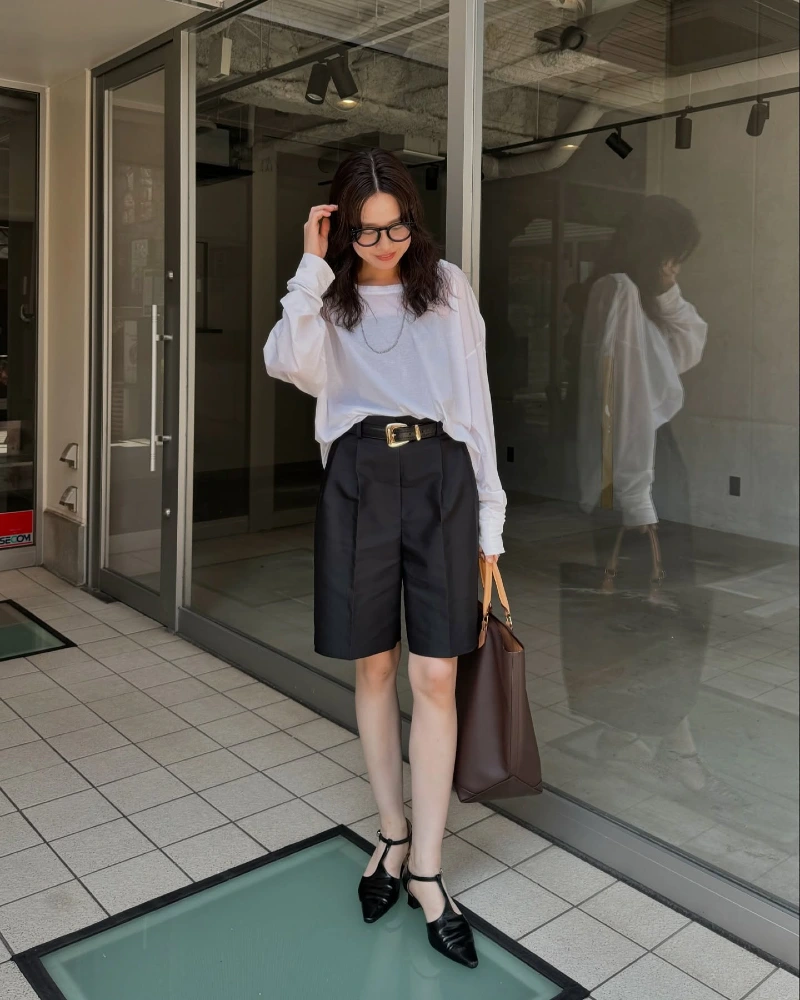  Oversized White Tee with Tailored Black Bermuda Shorts