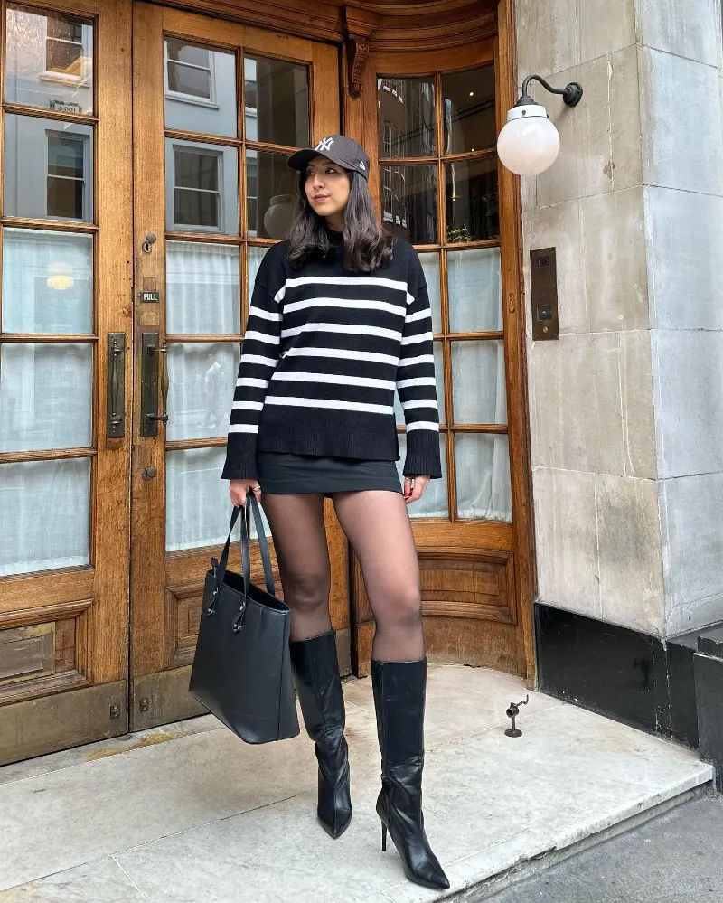  Striped Knit Sweater with Black Mini Skirt and Knee High Boots