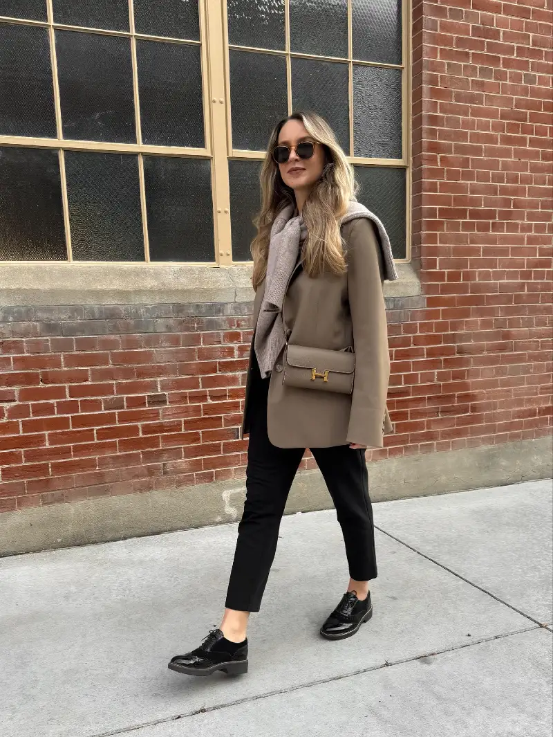 Taupe Blazer with Black Cropped Trousers and Patent Brogues