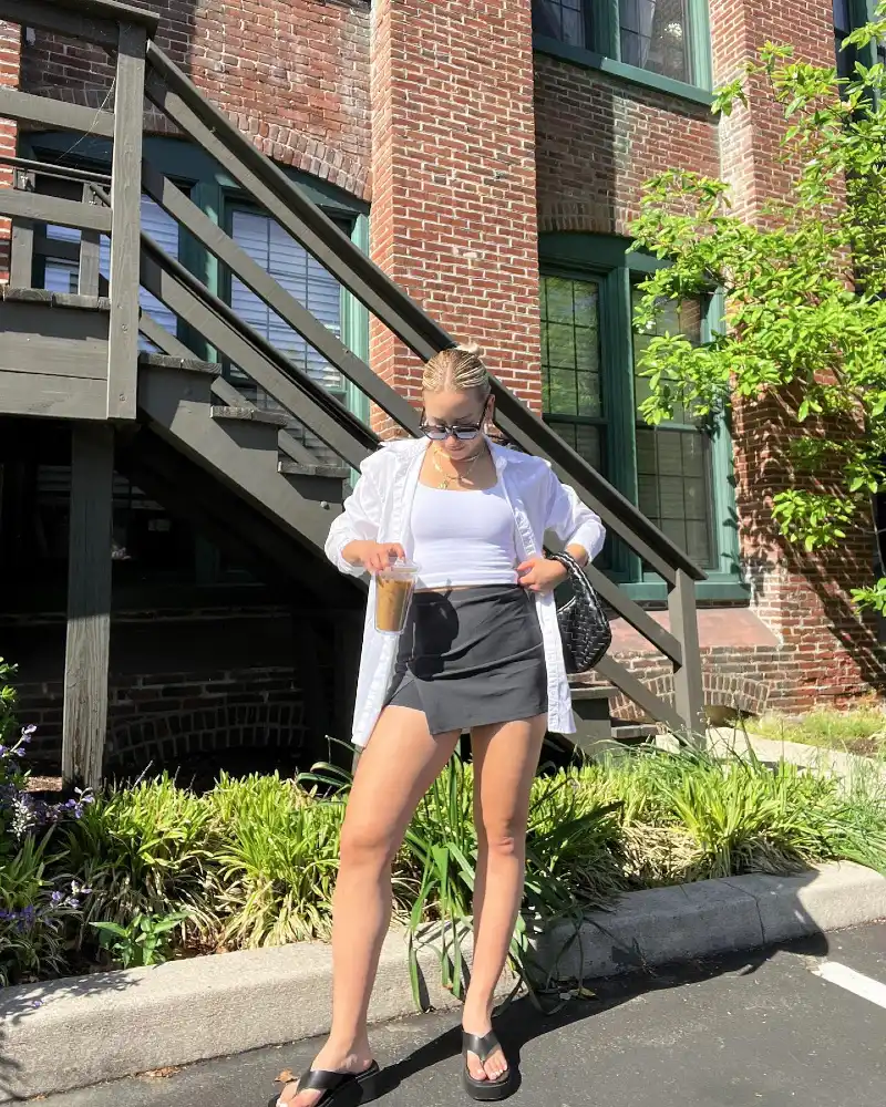 White Open Shirt with Black Wrap Skort and Platform Sandals