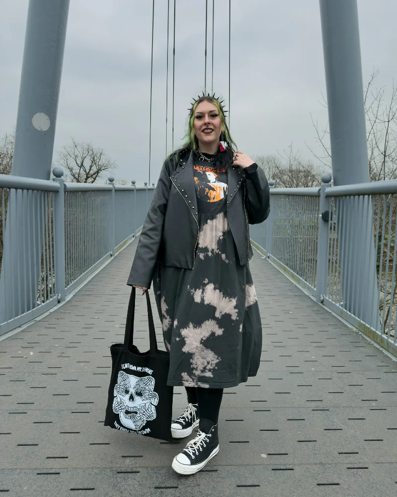 Bleach-Dye Acid Wash Midi Dress with Studded Biker Jacket and Spiked Crown