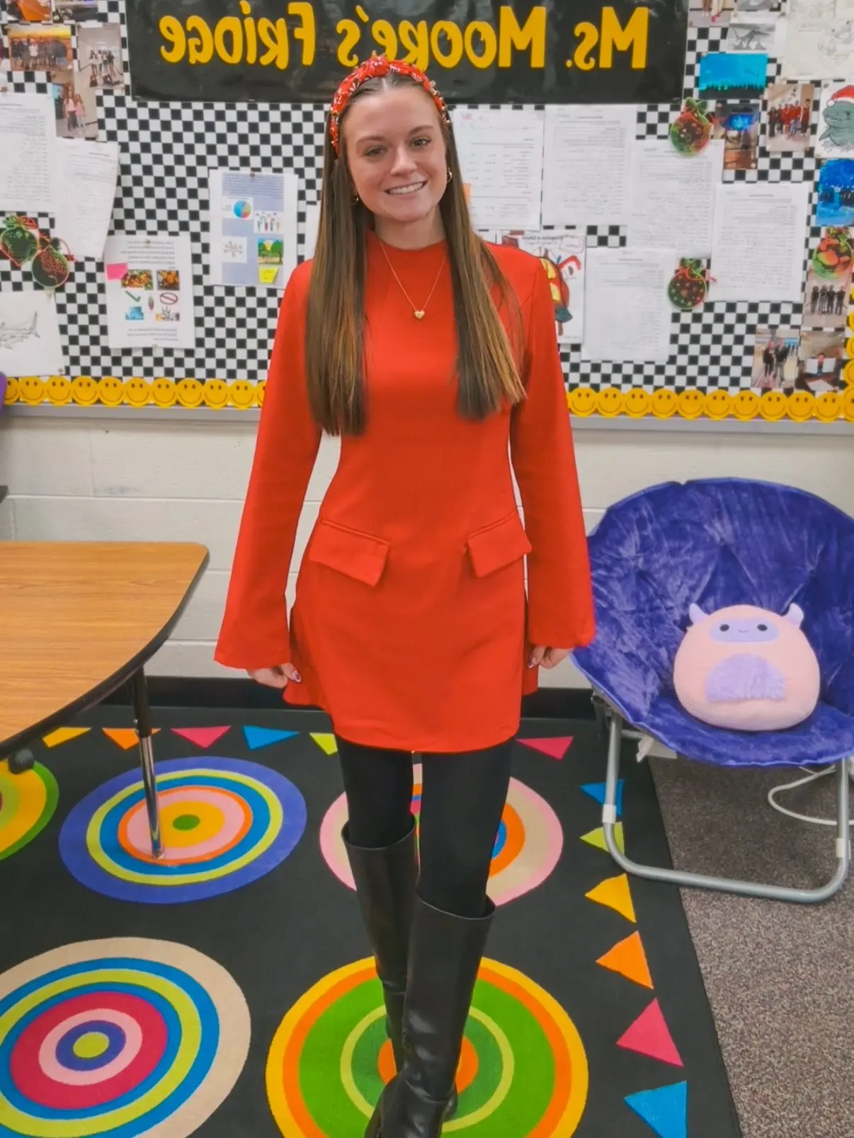 Bright Red Tunic Dress With Black Leggings and Boots