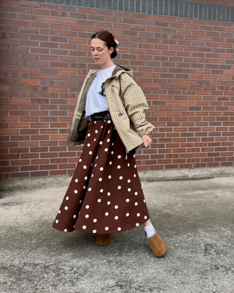 Brown Polka Dot Maxi Skirt with Gingham Utility Jacket and Suede Clogs