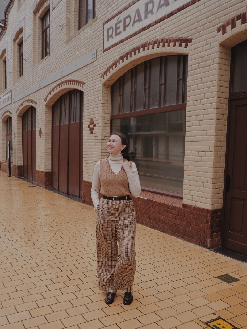 Cable Knit Sweater Vest With Plaid Wide Leg Pants