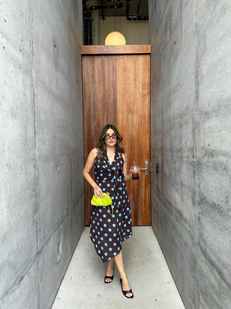 Chocolate Brown Halter Dress with Sky Blue Dots and Neon Pouch