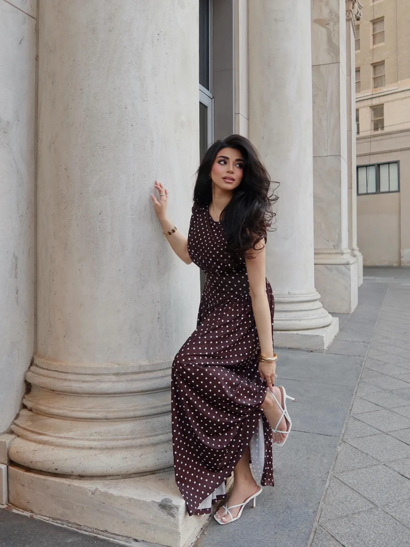 Chocolate Brown Sleeveless Maxi Dress with White Dots and Strappy Sandals