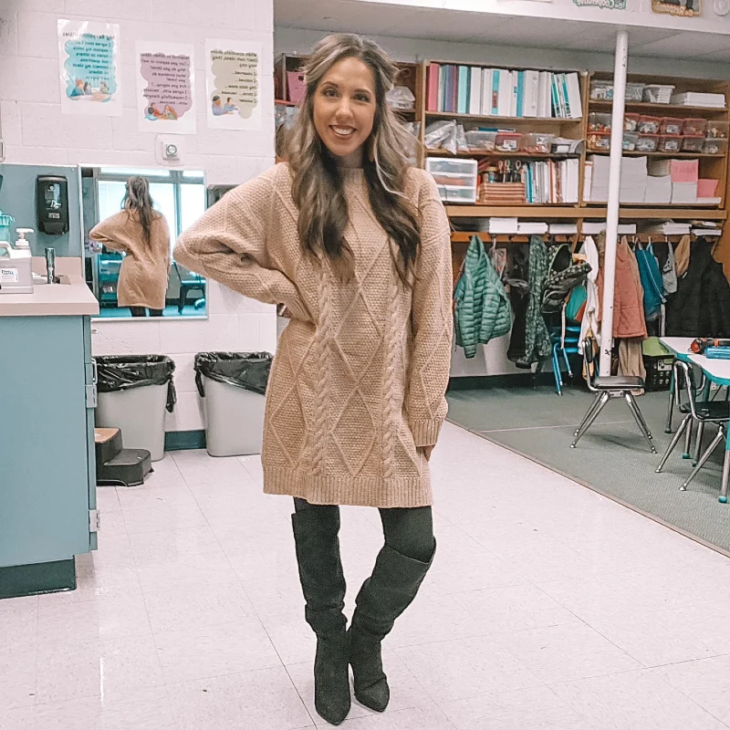 Cozy Beige Knit Sweater Dress With Tall Black Boots