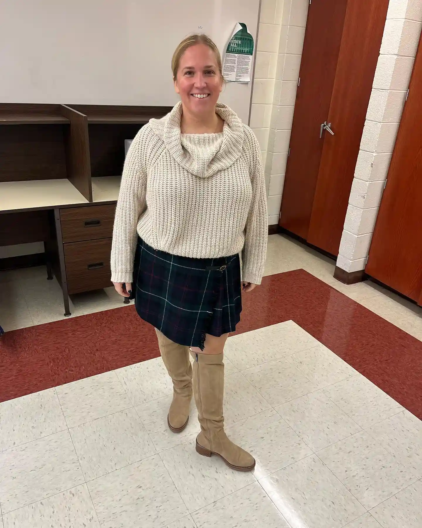 Cream Cowl Neck Sweater With Plaid Skirt and Tall Boots