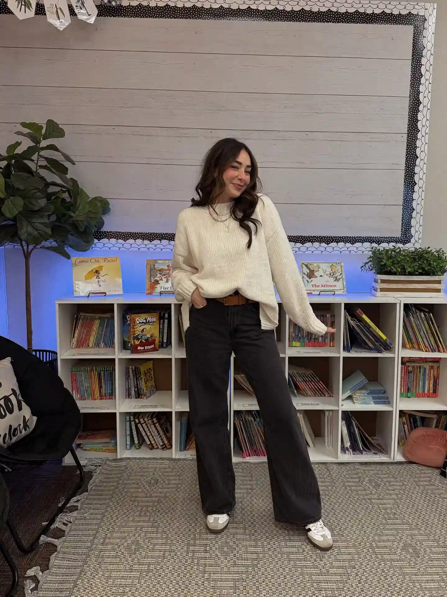 Cream Oversized Sweater With Black Wide Leg Jeans