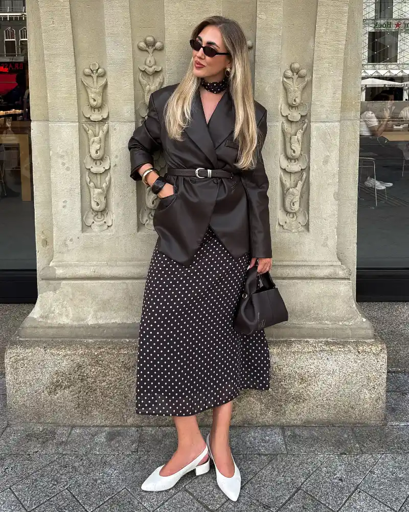 Dark Brown Belted Leather Blazer with Polka Dot Midi Skirt and Neck Scarf