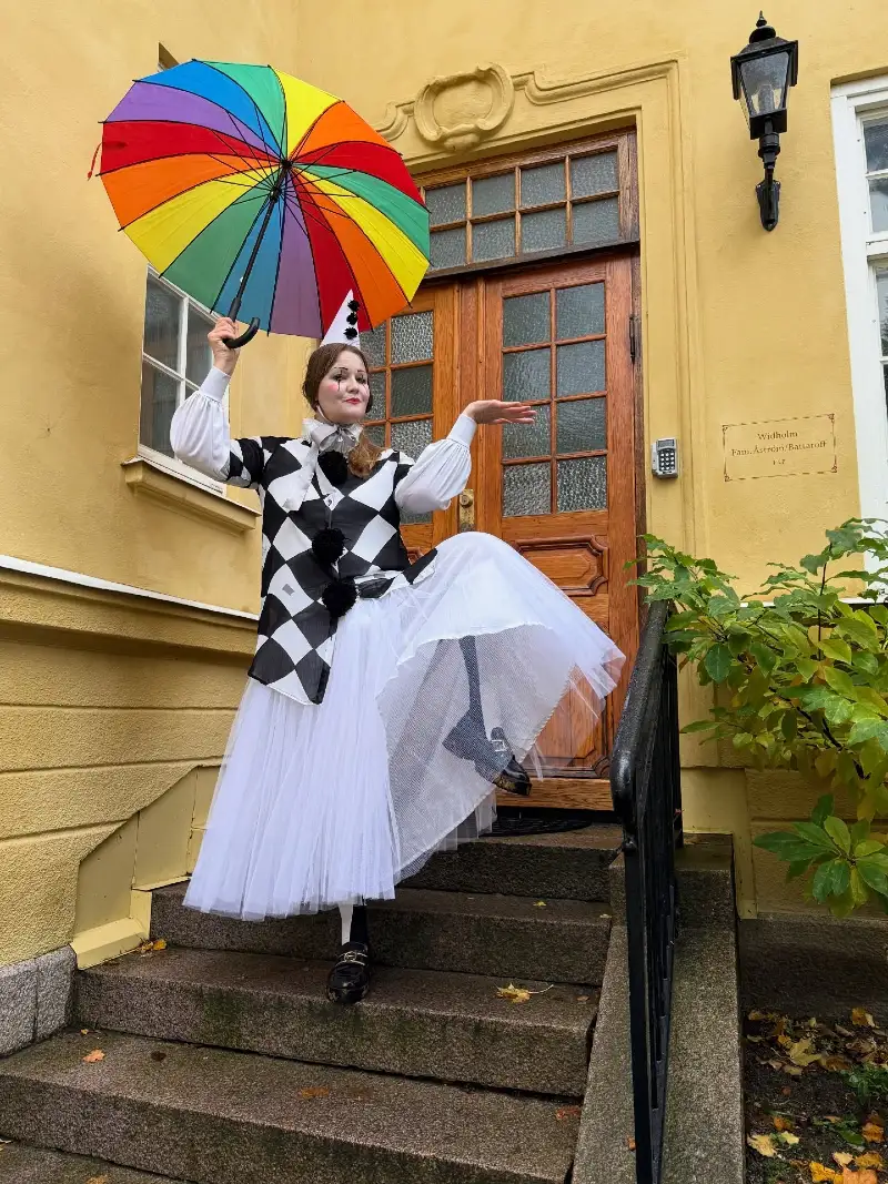 Diamond Harlequin Vest with White Tulle Tutu Skirt and Rainbow Parasol