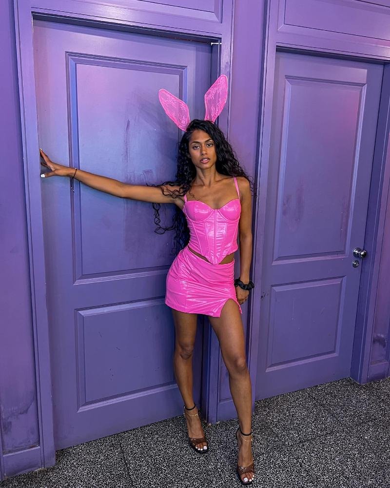 Glossy Pink Patent Corset Set with Lace Bunny Ears and Ankle-Strap Heels