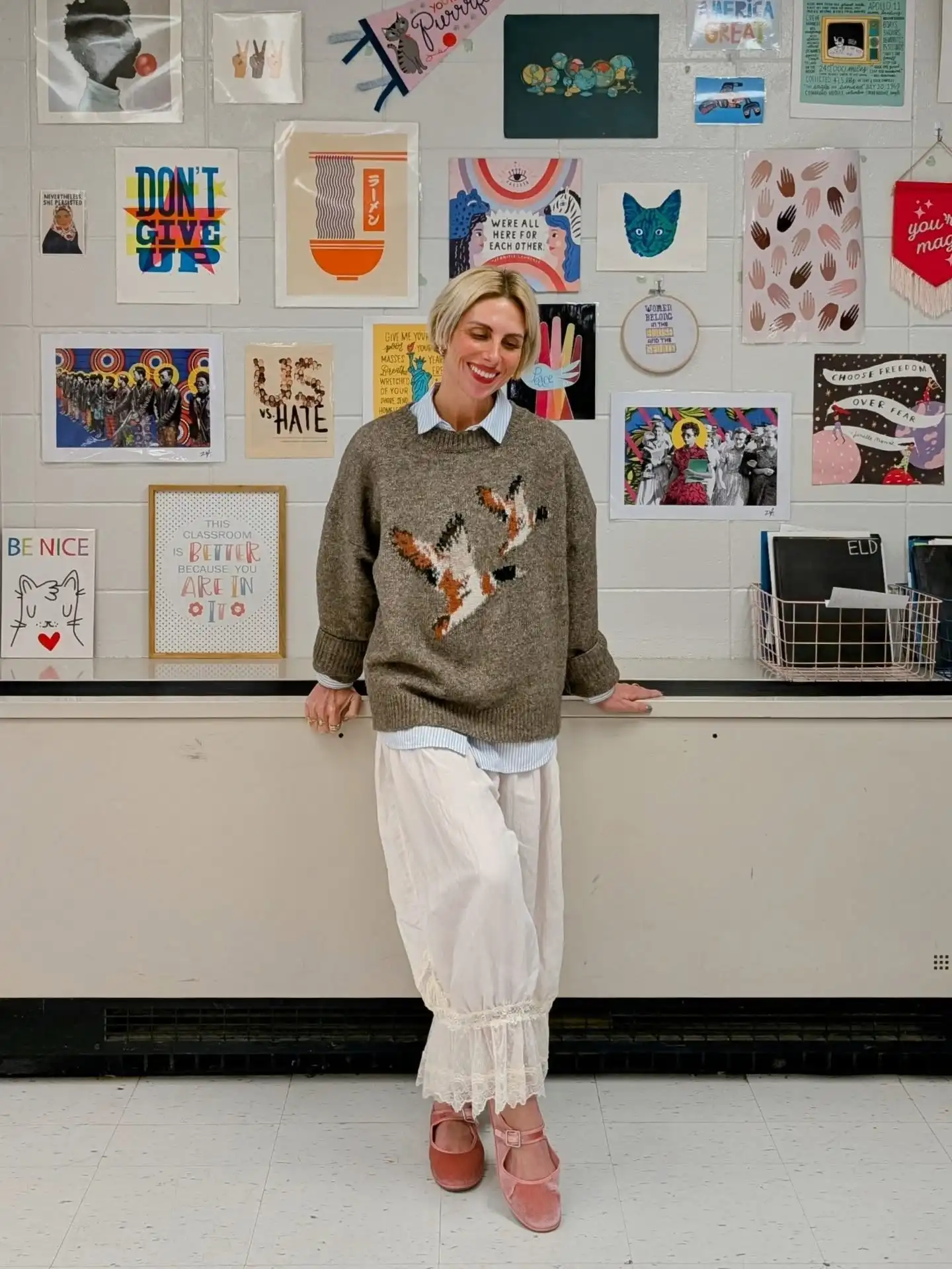Gray Animal Print Sweater With White Lace Trim Pants