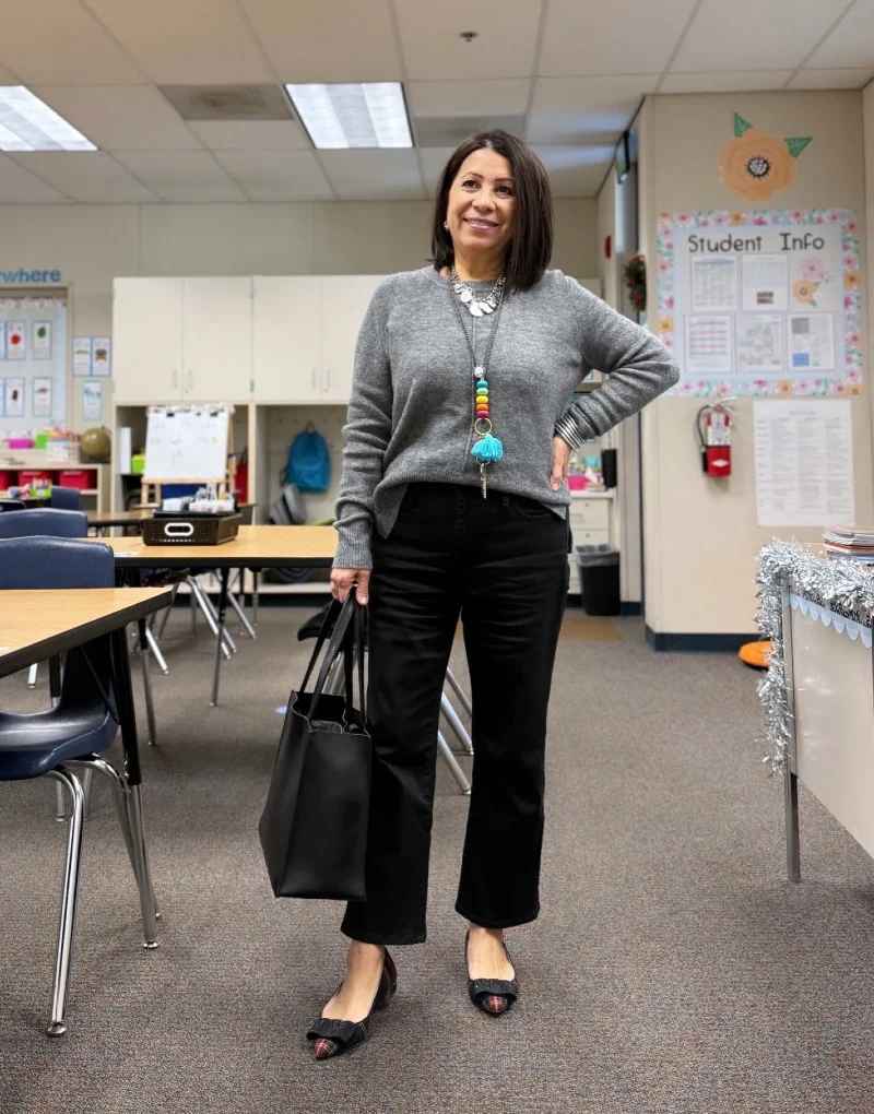 Gray Knit Sweater With Black Wide Leg Pants