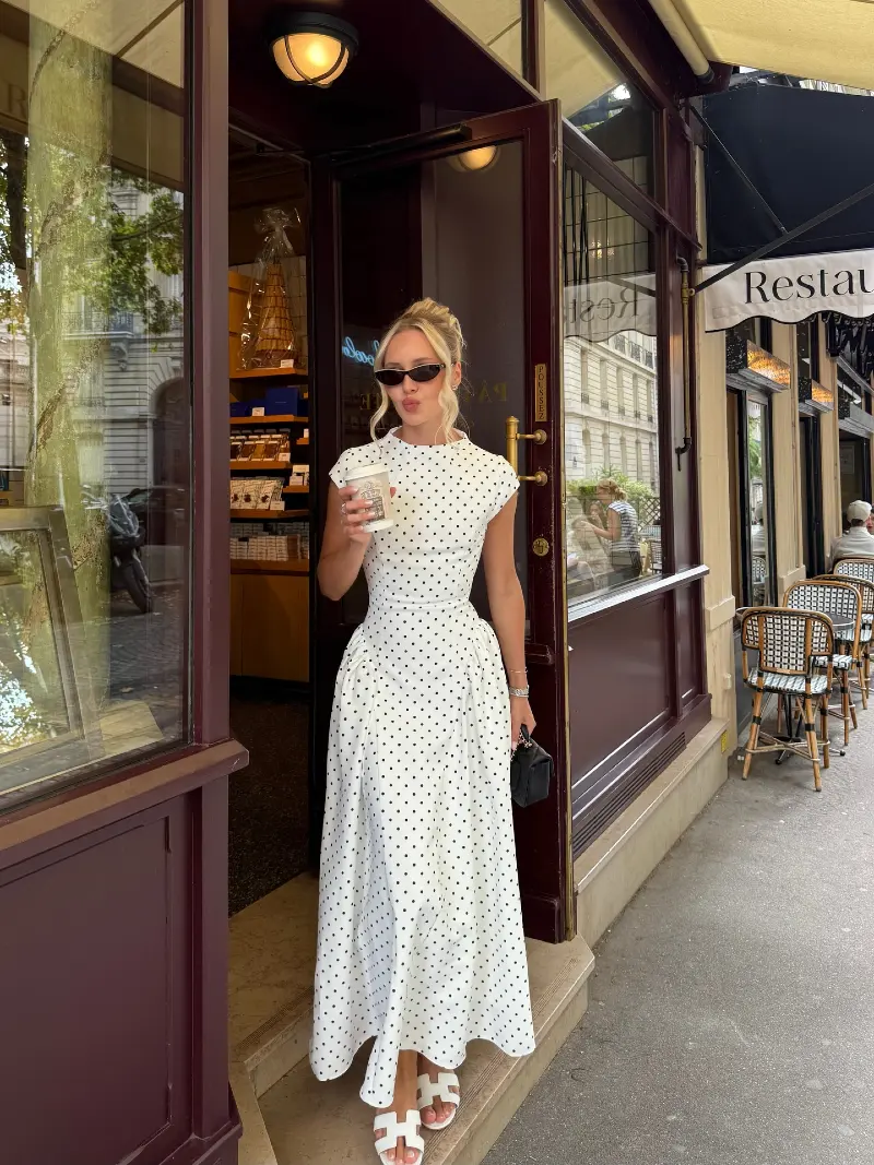 High-Neck White Midi Dress with Petite Black Dots and Cutout Slides