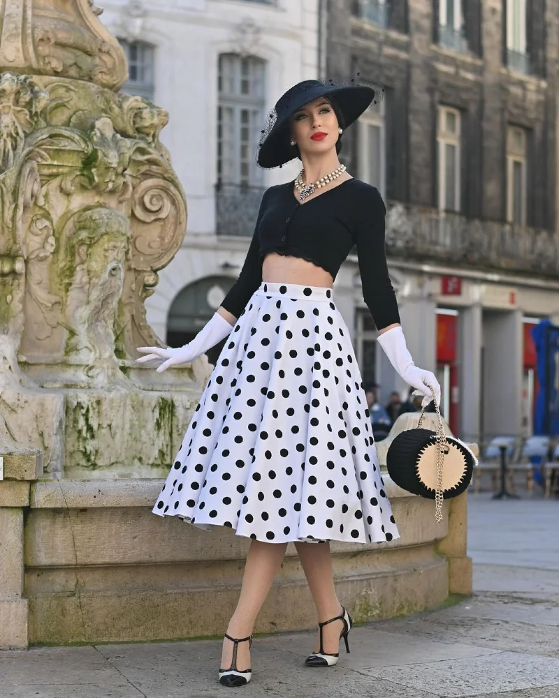 High-Waisted White Polka Dot Swing Skirt with Cropped Cardigan and Veiled Hat