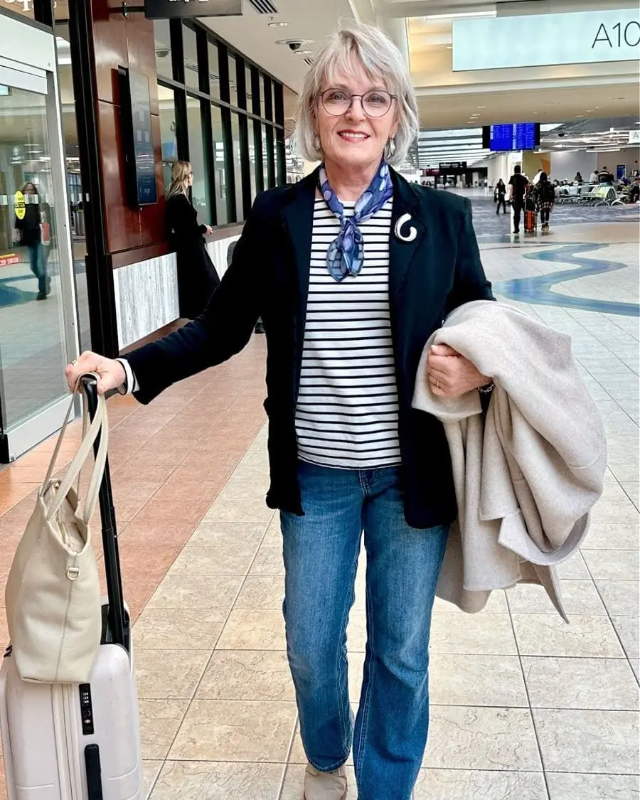 Navy Blazer and Striped Top Travel Look
