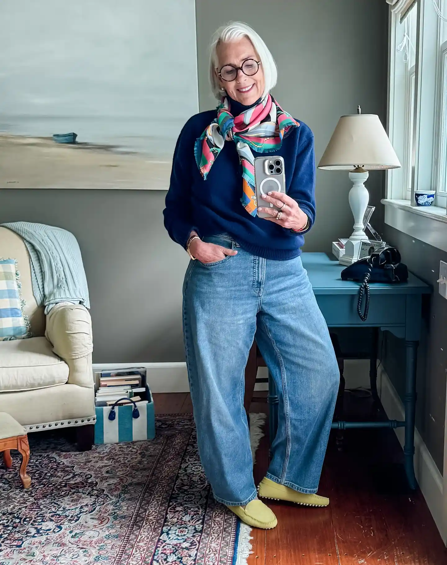 Navy Sweater and Jeans With a Colorful Scarf