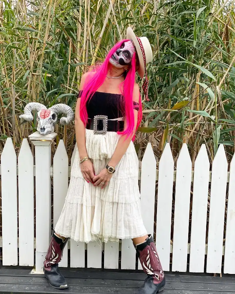 Off-the-Shoulder Black Top with Tiered White Midi Skirt and Sugar Skull Makeup