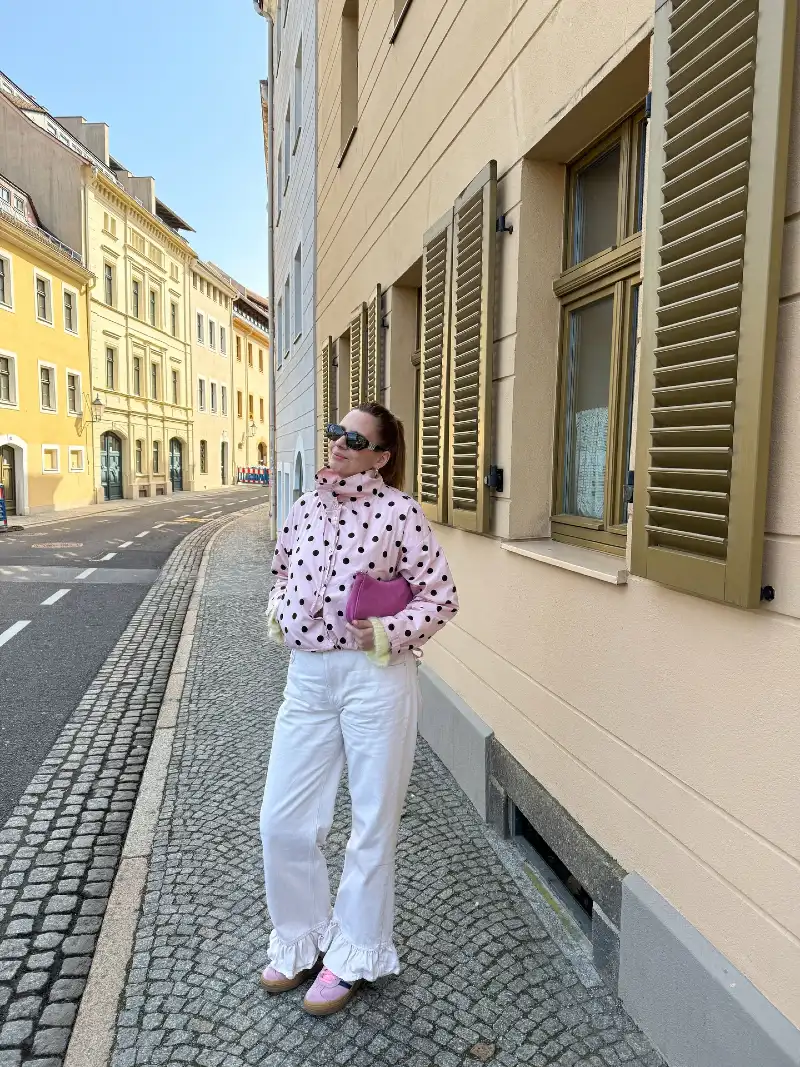 Pastel Pink Polka Dot Windbreaker with Ruffled Hem Denim and Pink Sneakers