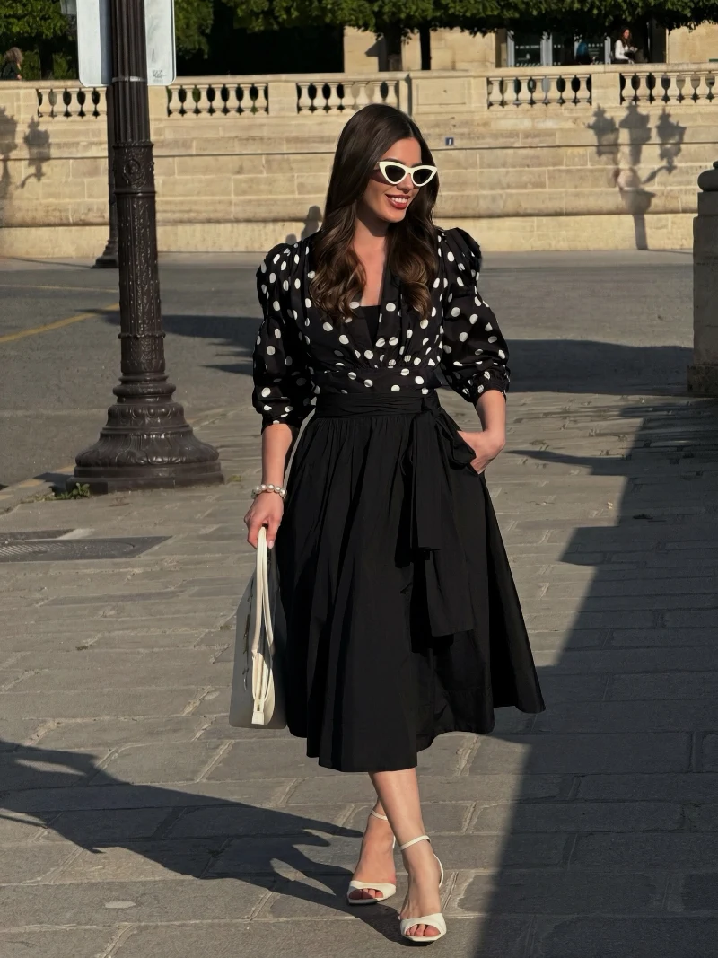 Puff-Sleeve Black Wrap Top with Large Dots and Tie-Waist Midi Skirt