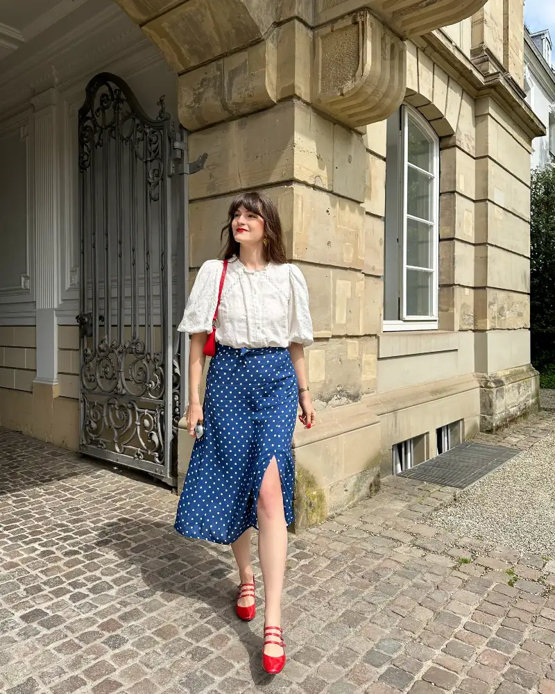 Royal Blue Slit Midi Skirt with White Dots and Eyelet Blouse