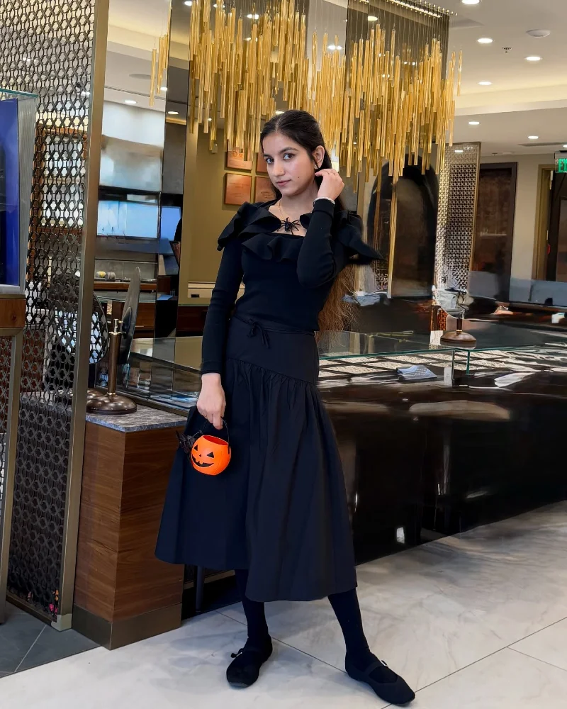 Ruffled Cold-Shoulder Black Midi Dress with Spider Neckline and Pumpkin Bucket
