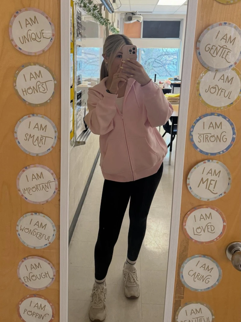Soft Pink Zip Hoodie With Black Leggings