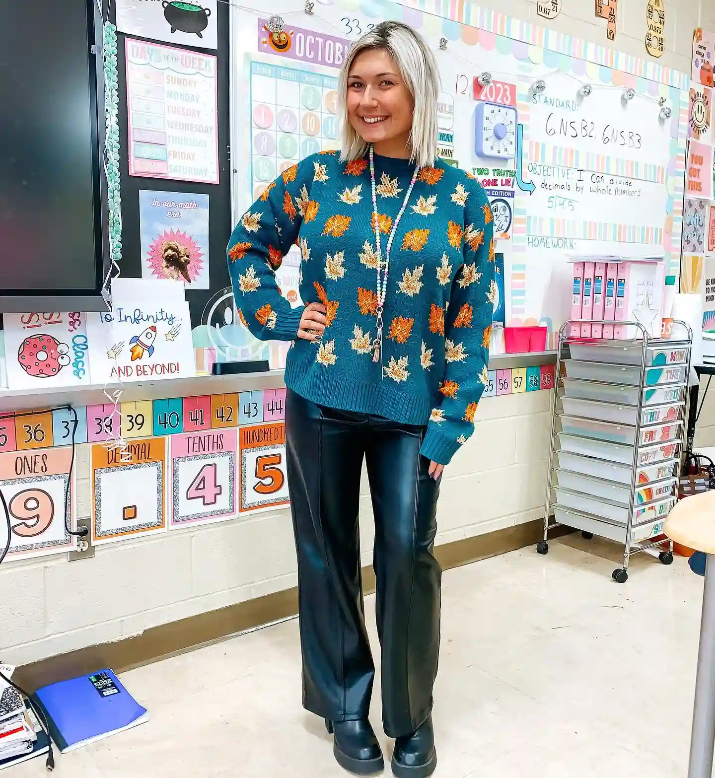 Teal Leaf Pattern Sweater With Leather Pants