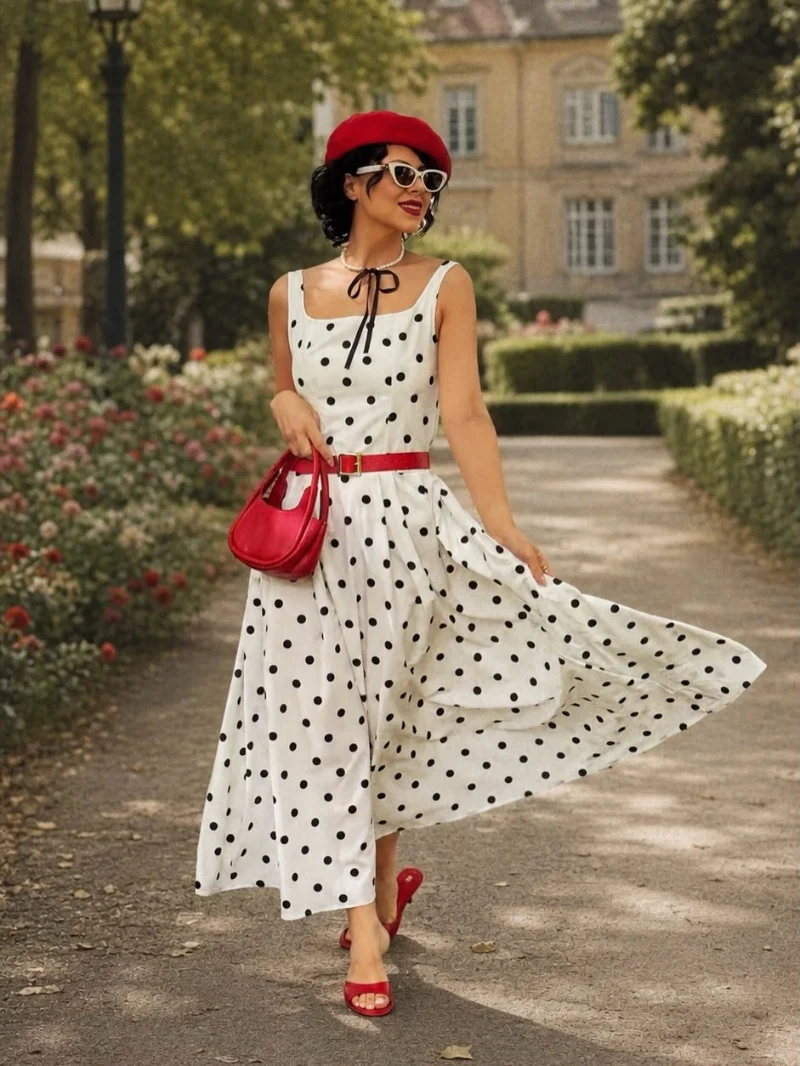 White A-Line Dot Sundress with Red Beret and Matching Crimson Accents