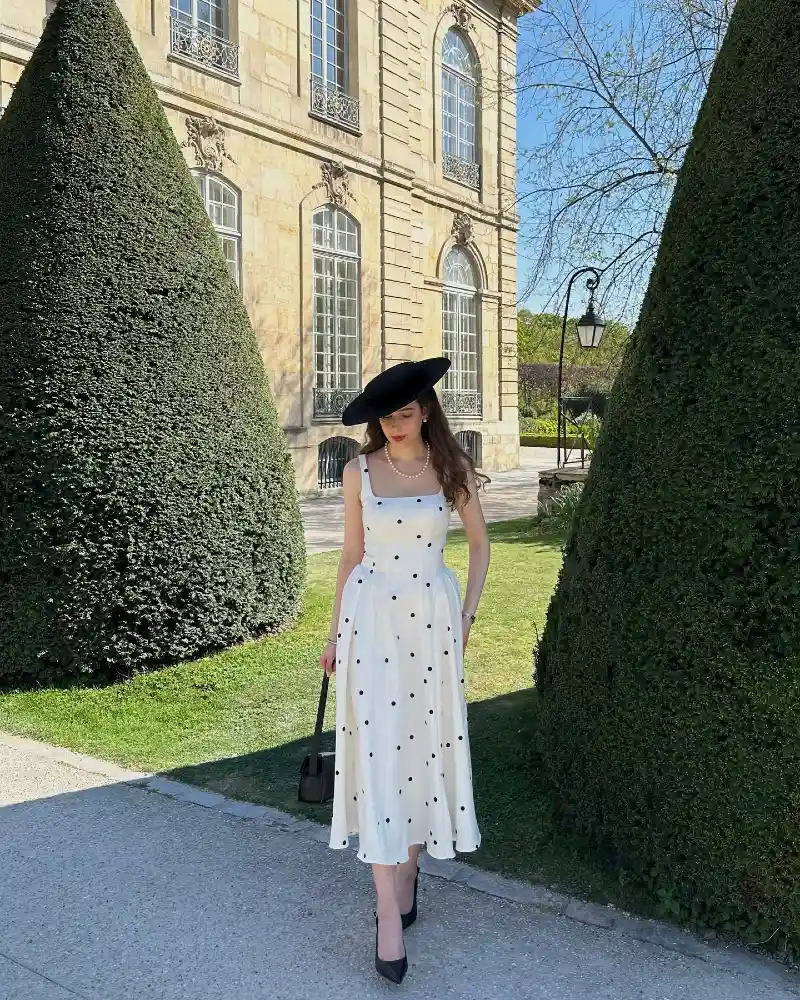 White Square-Neck Sundress with Black Dots and Wide-Brim Boater Hat